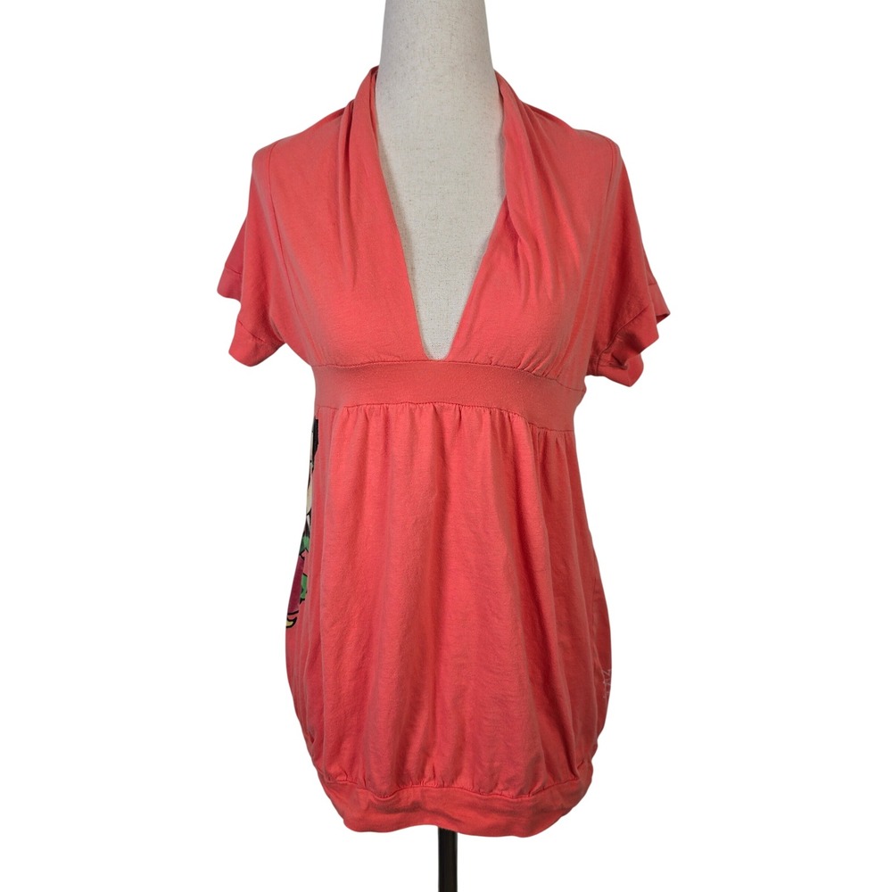 Ed Hardy Christian Audigier Coral Pink Rose Tattoo Bubble Hem Tunic Top M Y2K